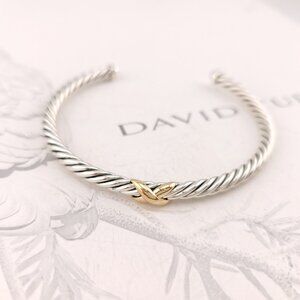David Yurman Sterling Silver & 14k Gold 4mm Cable Flex X Station Bangle Bracelet